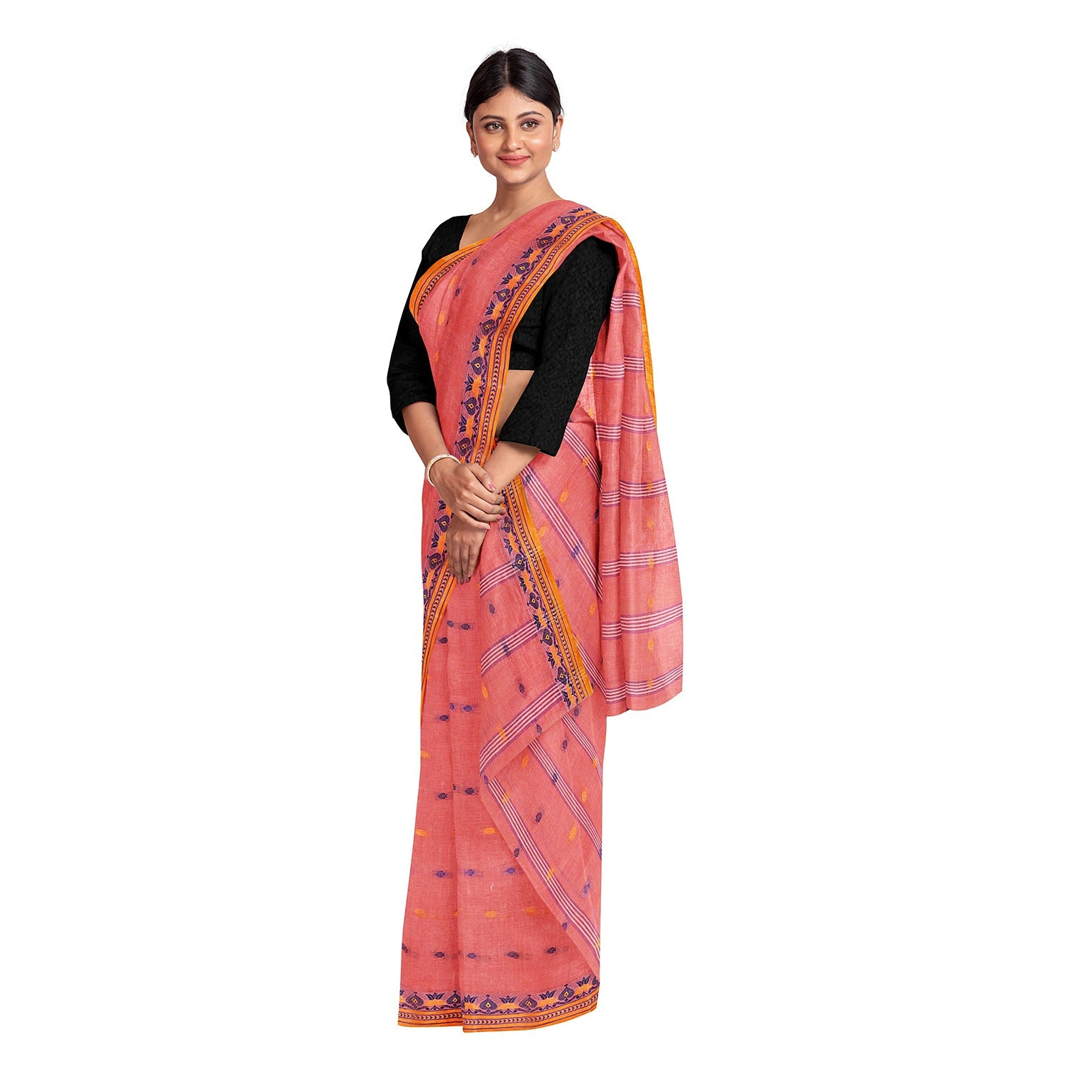 Exclusive Collection 100% Pure Cotton Peach Tant Saree With Hand Weaving Work - Swadesiicart