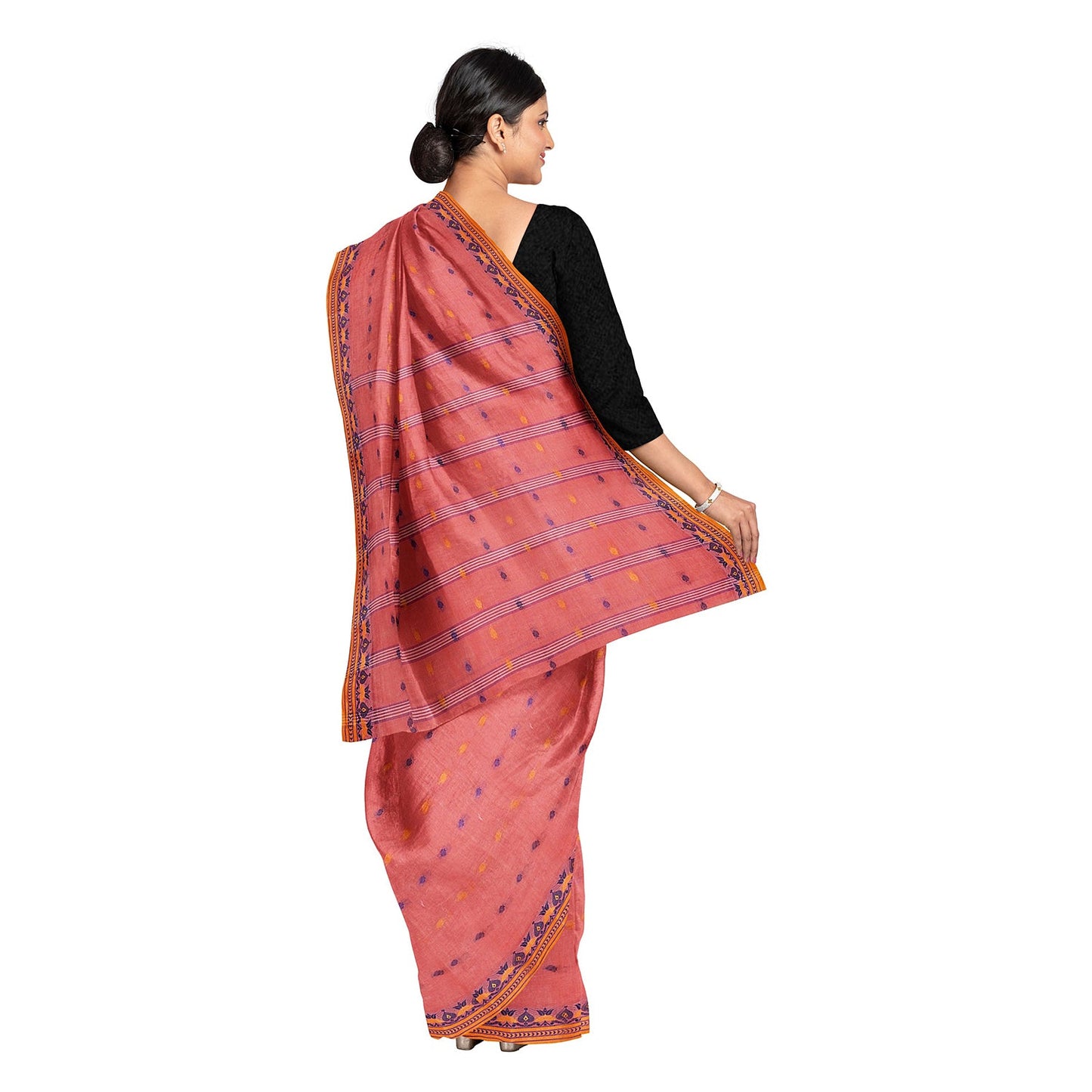 Exclusive Collection 100% Pure Cotton Peach Tant Saree With Hand Weaving Work - Swadesiicart