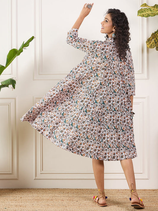 InWeave Teal Floral Sage Jaal Print Collar Dress - Swadesiicart