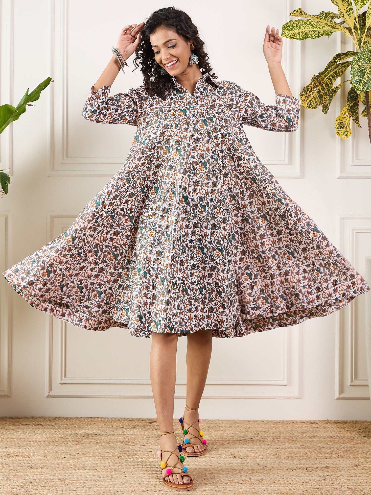 InWeave Teal Floral Sage Jaal Print Collar Dress - Swadesiicart