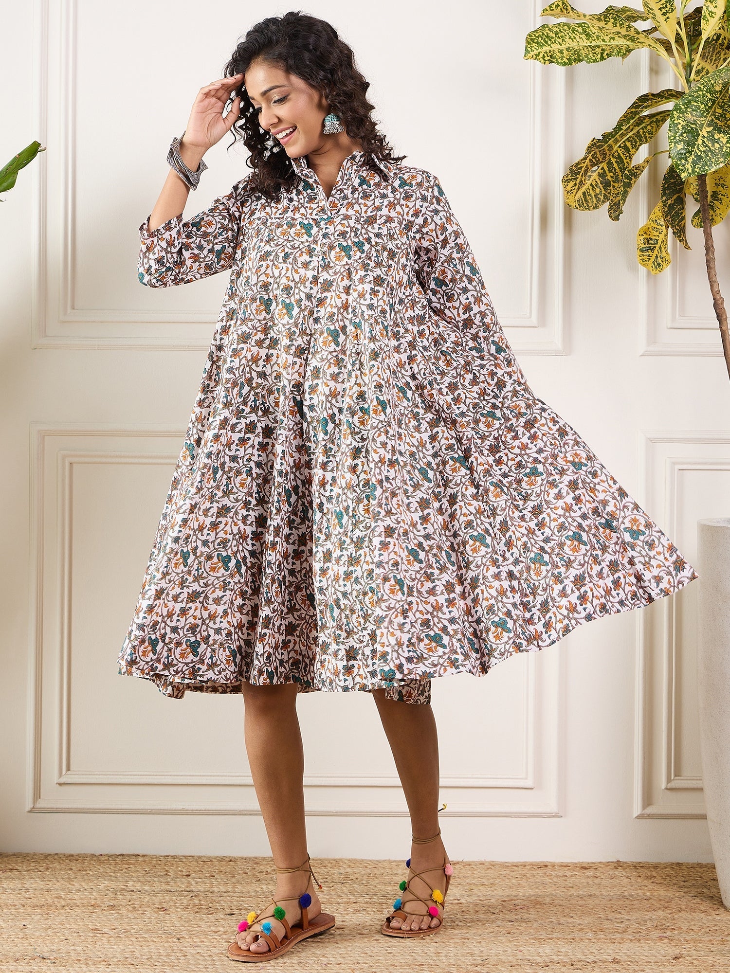 InWeave Teal Floral Sage Jaal Print Collar Dress - Swadesiicart