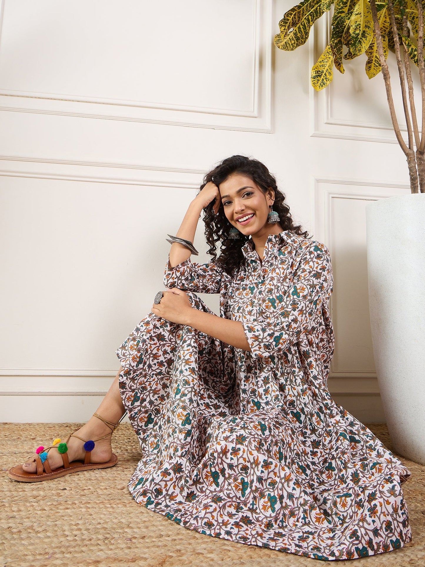 InWeave Teal Floral Sage Jaal Print Collar Dress - Swadesiicart