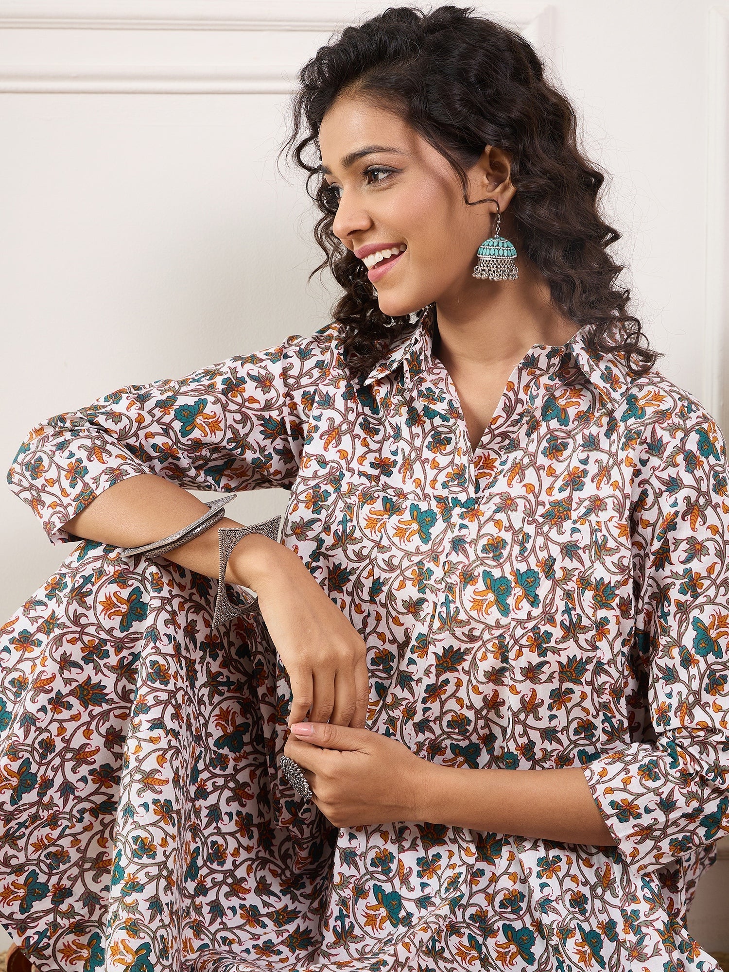 InWeave Teal Floral Sage Jaal Print Collar Dress - Swadesiicart