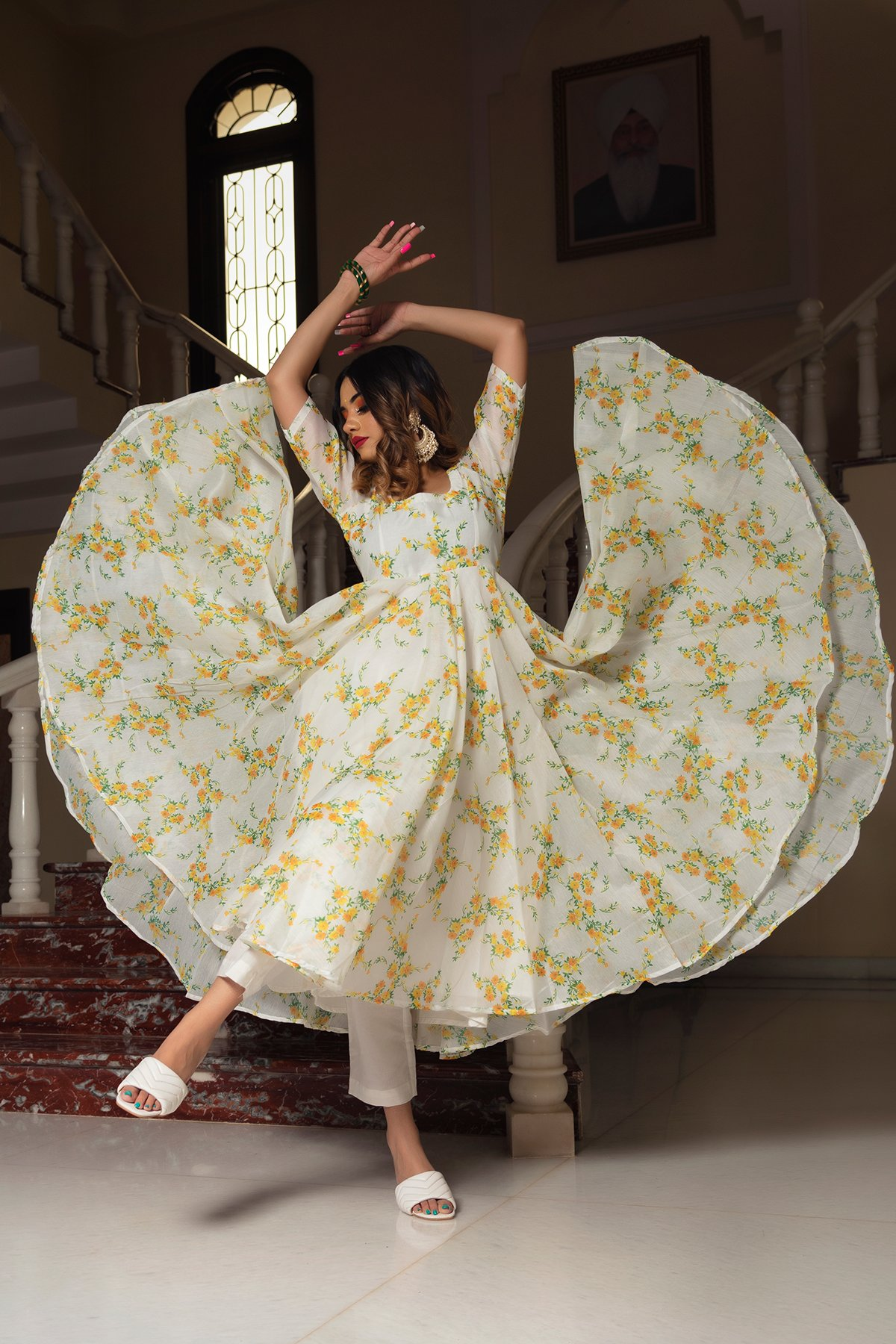 Pomcha Jaipur Yellow Phool Organza Anarkali Set | Swadesiicart