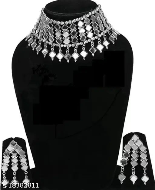 Tehzeeb Creations Women's Silver Colour Oxidised Necklace And Earring With Mirror Work - Swadesiicart