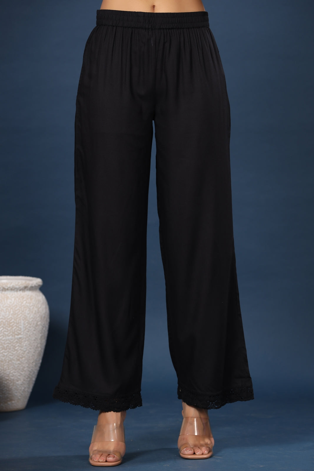 Juniper Women Black Rayon Solid Wide Leg Palazzo | Swadesiicart