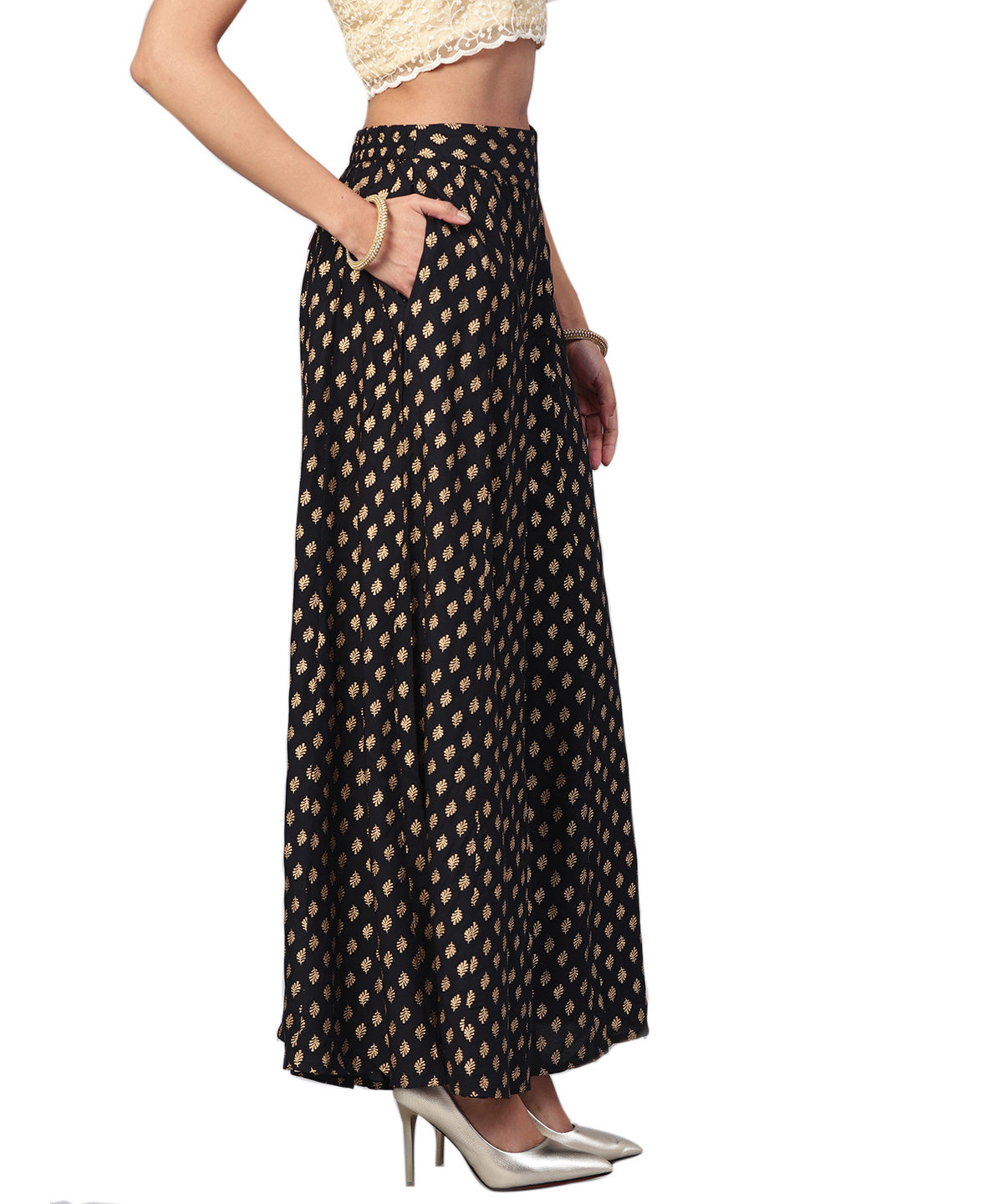 Juniper Women Black Rayon Printed Flared Palazzo | Swadesiicart