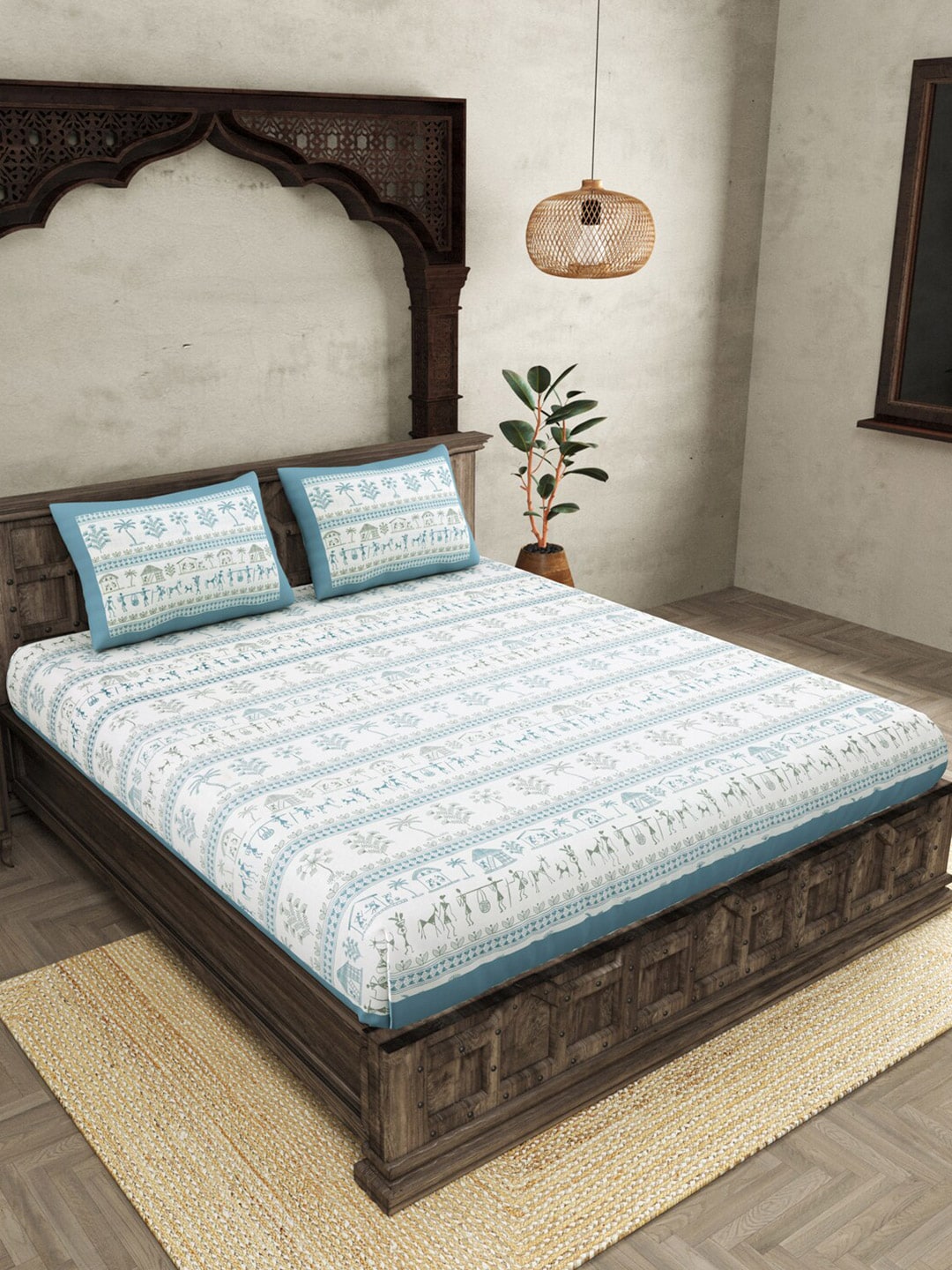JAIPUR FABRIC Blue Ethnic Motifs Cotton 250 TC Super King Bedsheet With 2 Pillow Covers | Swadesiicart
