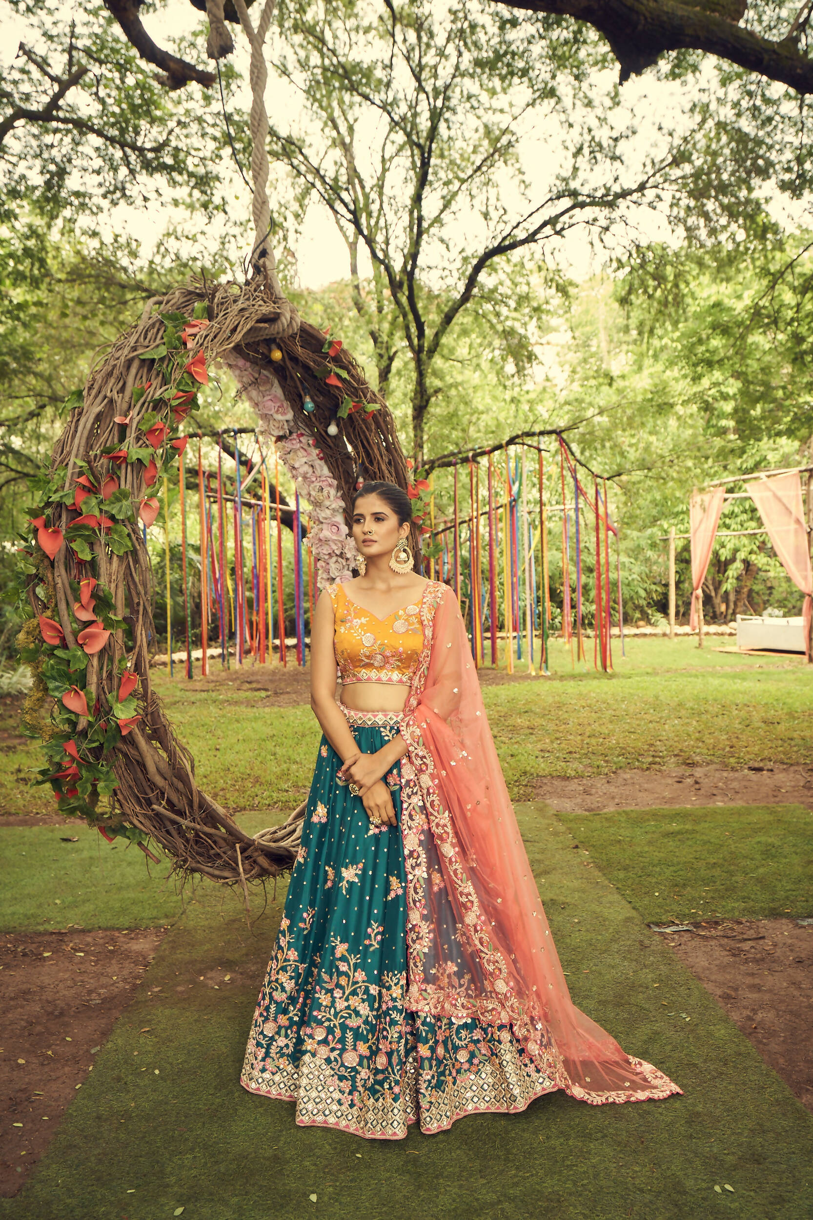 House of Panchhi Teal Pure Georgette Sequinse Work Lehenga & Blouse with Dupatta | Swadesiicart