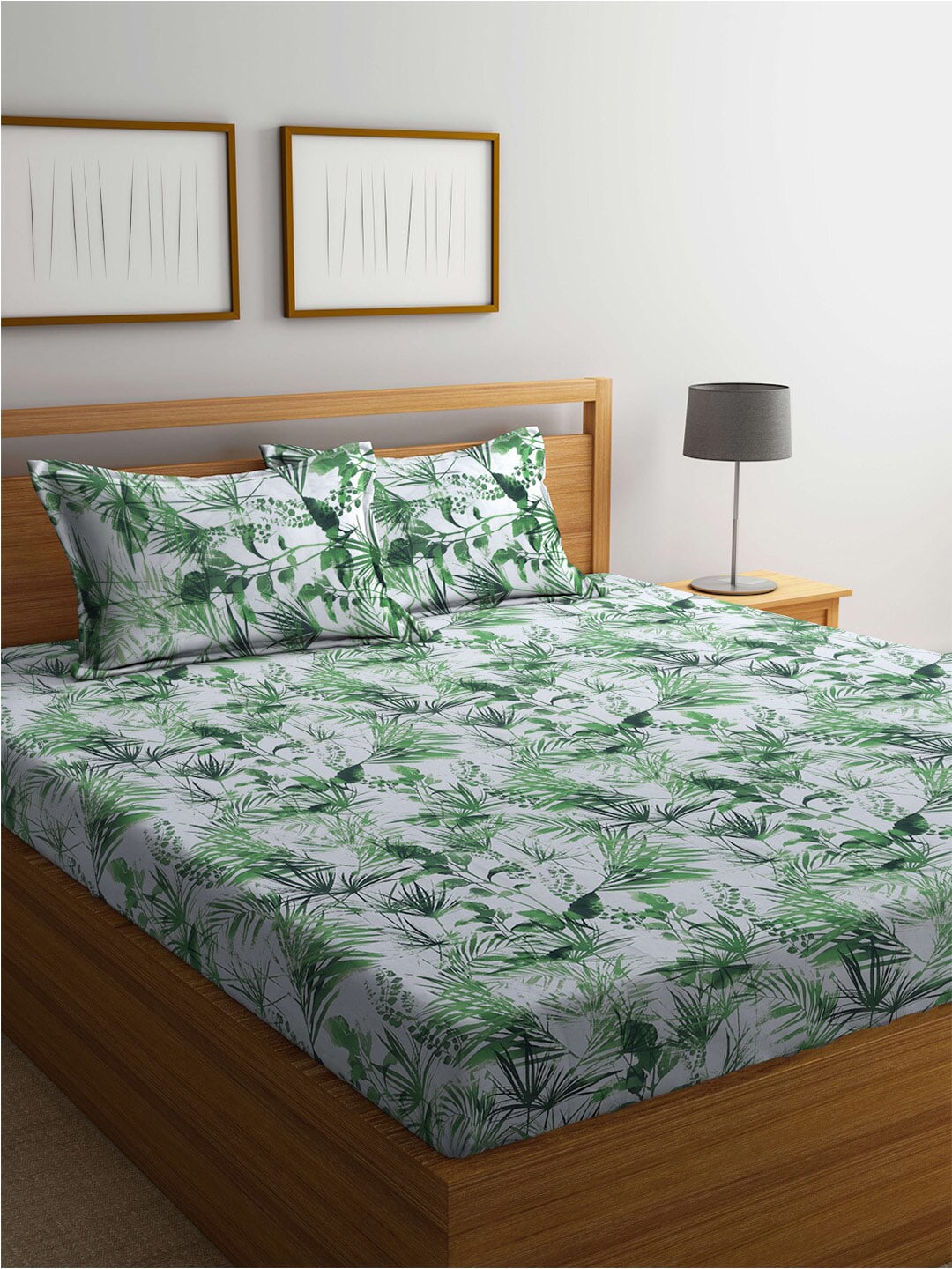 BOMBAY DYEING Serenita Green & White Floral Cotton 144TC Queen Bedsheet & 2 Pillow Covers - Swadesiicart