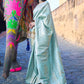 Mitera Women Turquoise Blue Ethnic Motifs Silk Blend Banarasi Saree | Swadesiicart