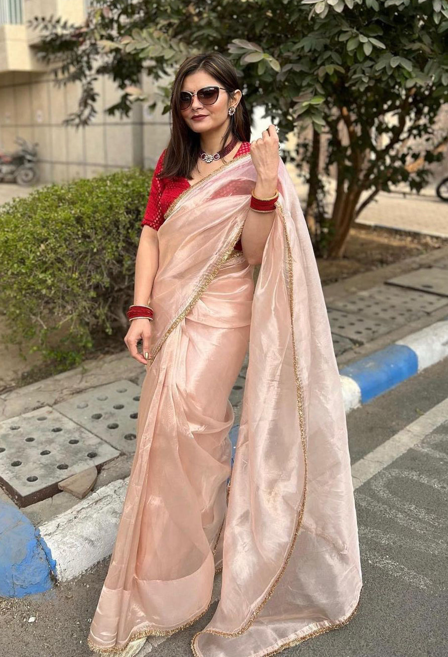 Lorenvalley Fashion Attractive Peach Crush Tissue Silk Saree With Jacquard Weaving Blouse - Swadesiicart