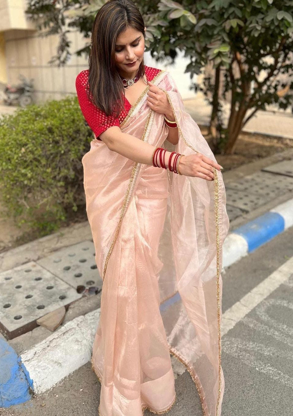 Lorenvalley Fashion Attractive Peach Crush Tissue Silk Saree With Jacquard Weaving Blouse - Swadesiicart