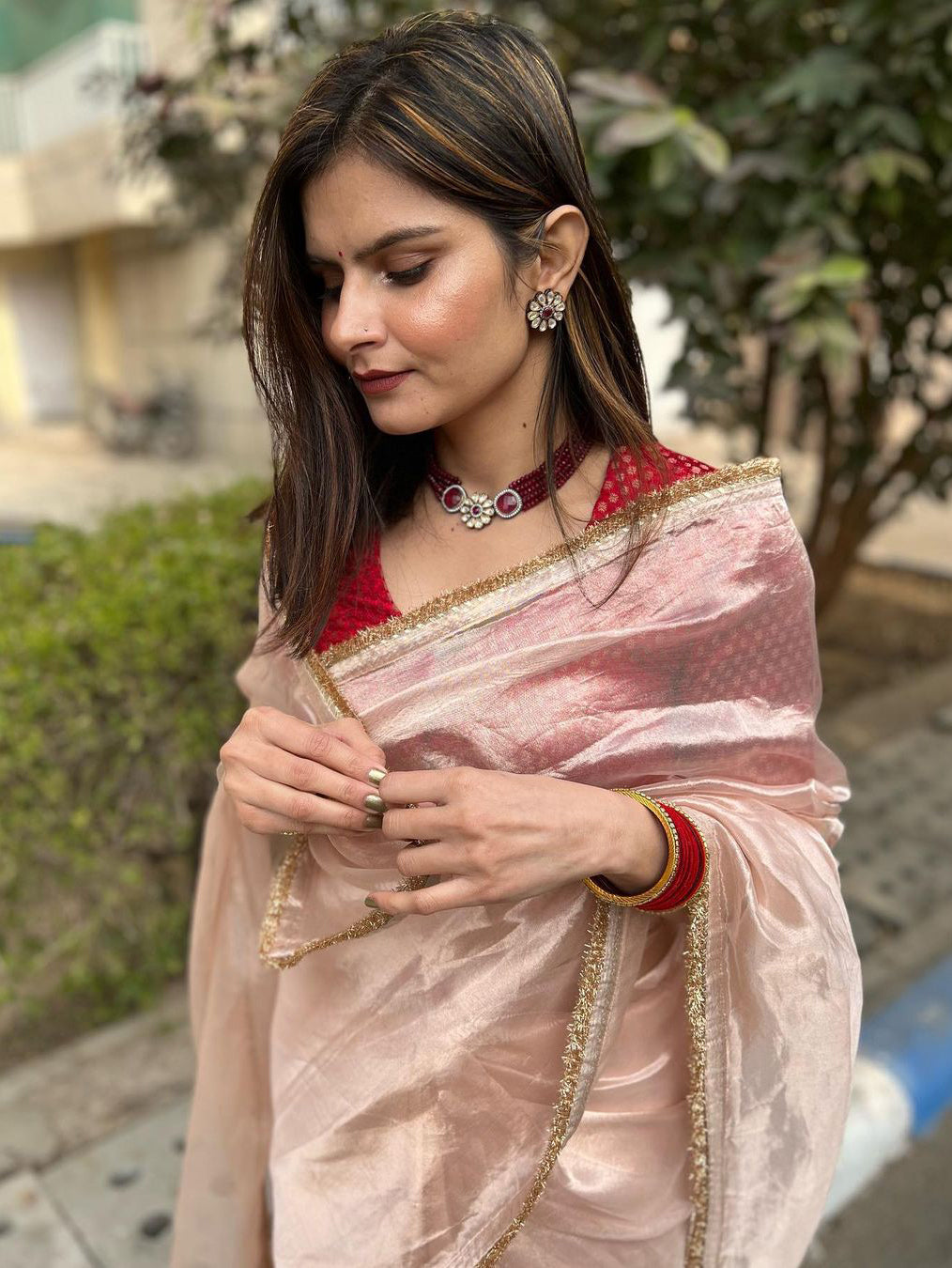 Lorenvalley Fashion Attractive Peach Crush Tissue Silk Saree With Jacquard Weaving Blouse - Swadesiicart