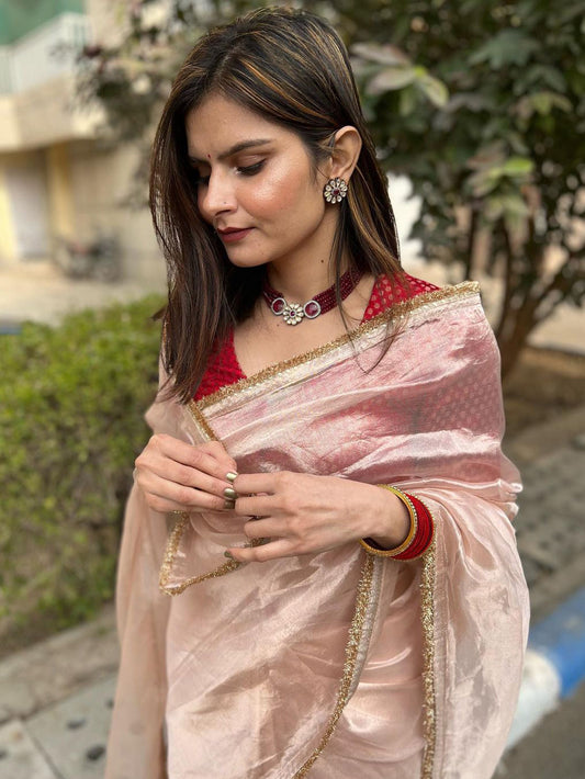 Lorenvalley Fashion Attractive Peach Crush Tissue Silk Saree With Jacquard Weaving Blouse - Swadesiicart