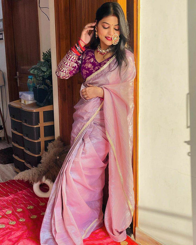 Lorenvalley Fashion Attractive Purple Crush Tissue Silk Saree With Jacquard Weaving Stitched Blouse - Swadesiicart