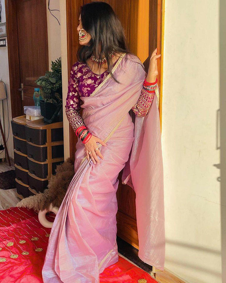 Lorenvalley Fashion Attractive Purple Crush Tissue Silk Saree With Jacquard Weaving Stitched Blouse - Swadesiicart
