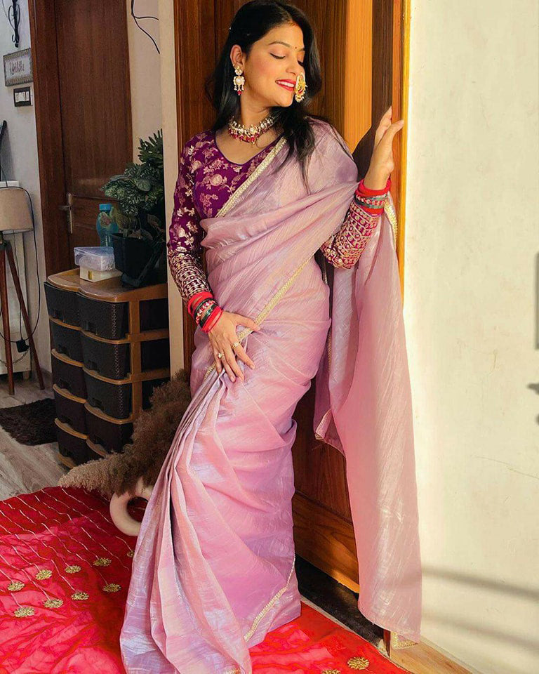 Lorenvalley Fashion Attractive Purple Crush Tissue Silk Saree With Jacquard Weaving Stitched Blouse - Swadesiicart