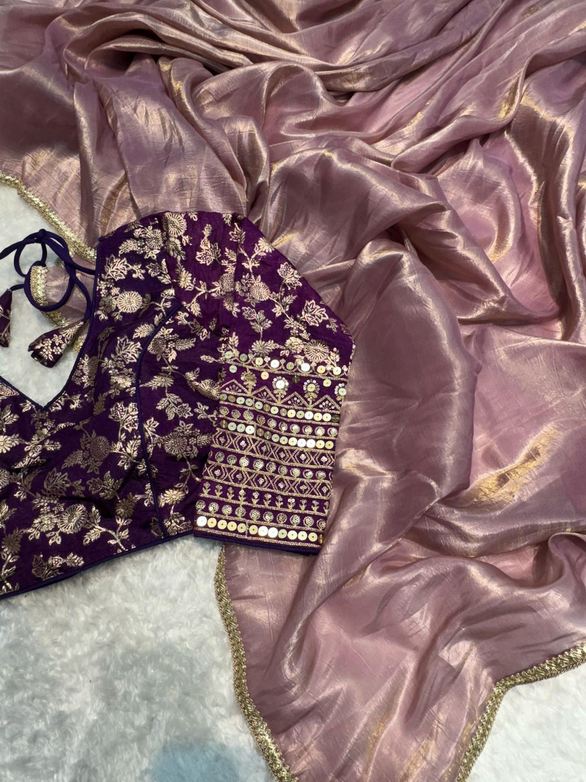 Lorenvalley Fashion Attractive Purple Crush Tissue Silk Saree With Jacquard Weaving Stitched Blouse - Swadesiicart