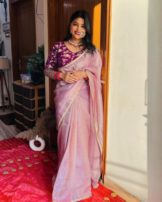 Lorenvalley Fashion Attractive Purple Crush Tissue Silk Saree With Jacquard Weaving Stitched Blouse - Swadesiicart