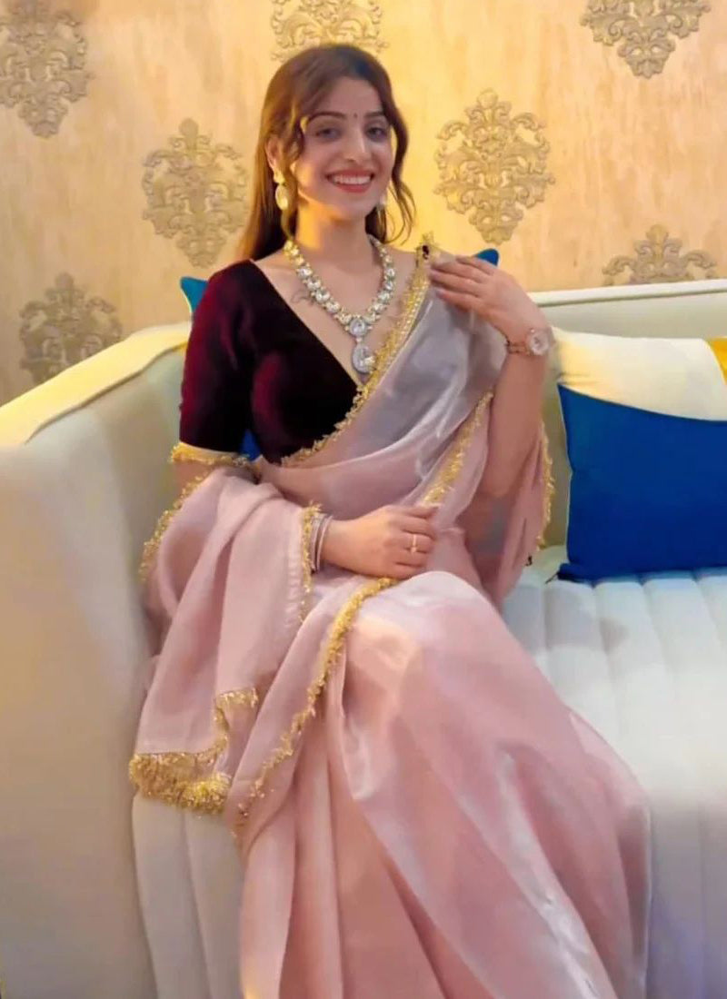 Lorenvalley Fashion Pink Soft Zimmy Silk Saree With Fancy Lace - Swadesiicart