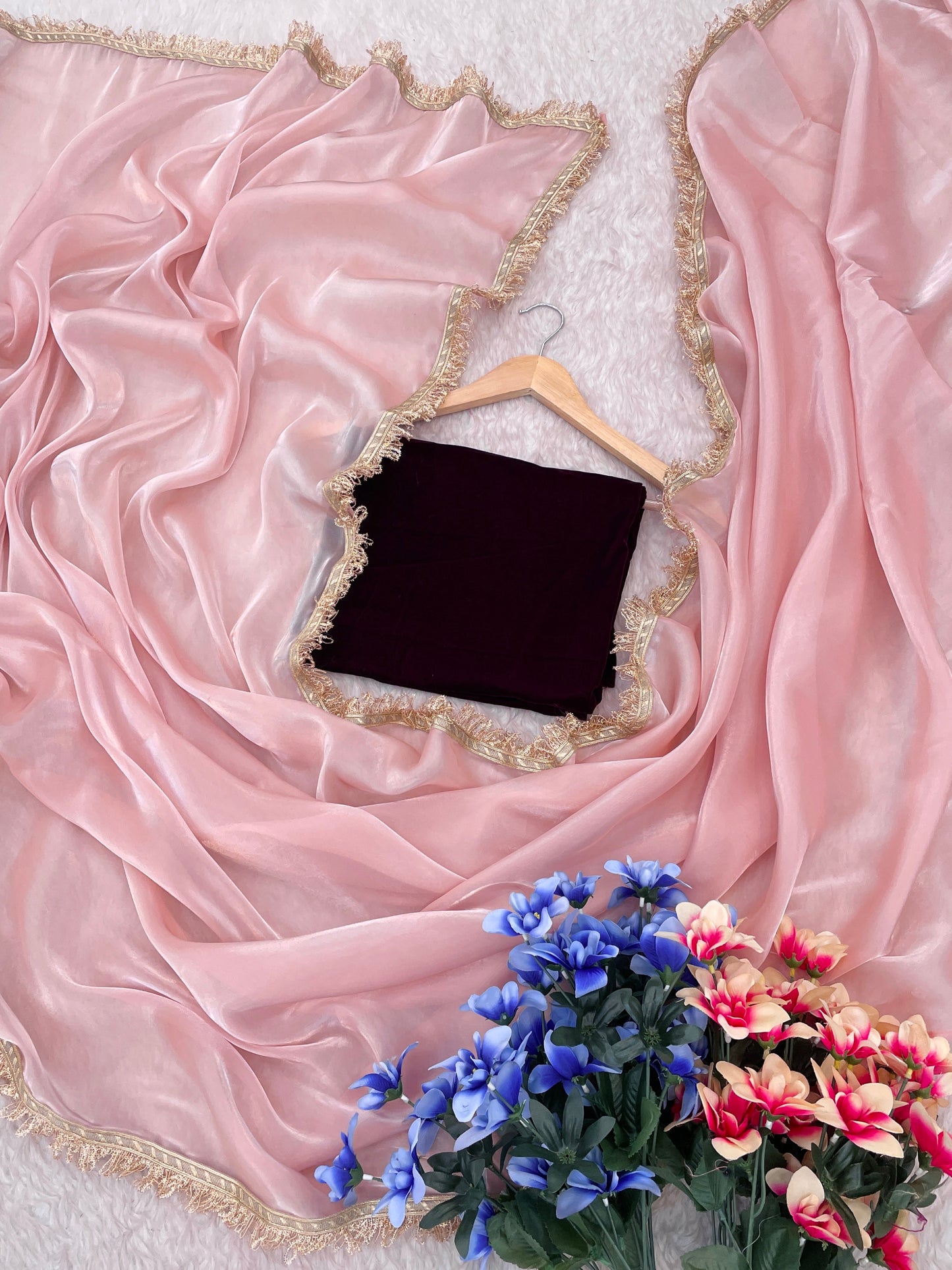 Lorenvalley Fashion Pink Soft Zimmy Silk Saree With Fancy Lace - Swadesiicart