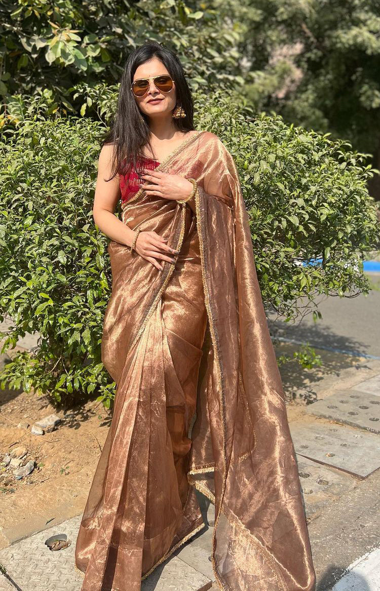 Lorenvalley Fashion Chiku Zimmy Choo Silk Fancy Lace Saree With Blouse - Swadesiicart
