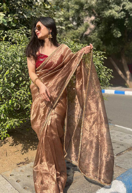 Lorenvalley Fashion Chiku Zimmy Choo Silk Fancy Lace Saree With Blouse - Swadesiicart