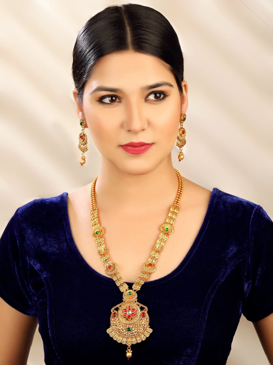 Aadita Gold-Polished & Red e Studded Jewellery Set - Swadesiicart