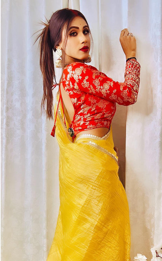 Lorenvalley Fashion Attractive Yellow Crush Tissue Silk Saree With Jacquard Weaving Stitched Blouse - Swadesiicart