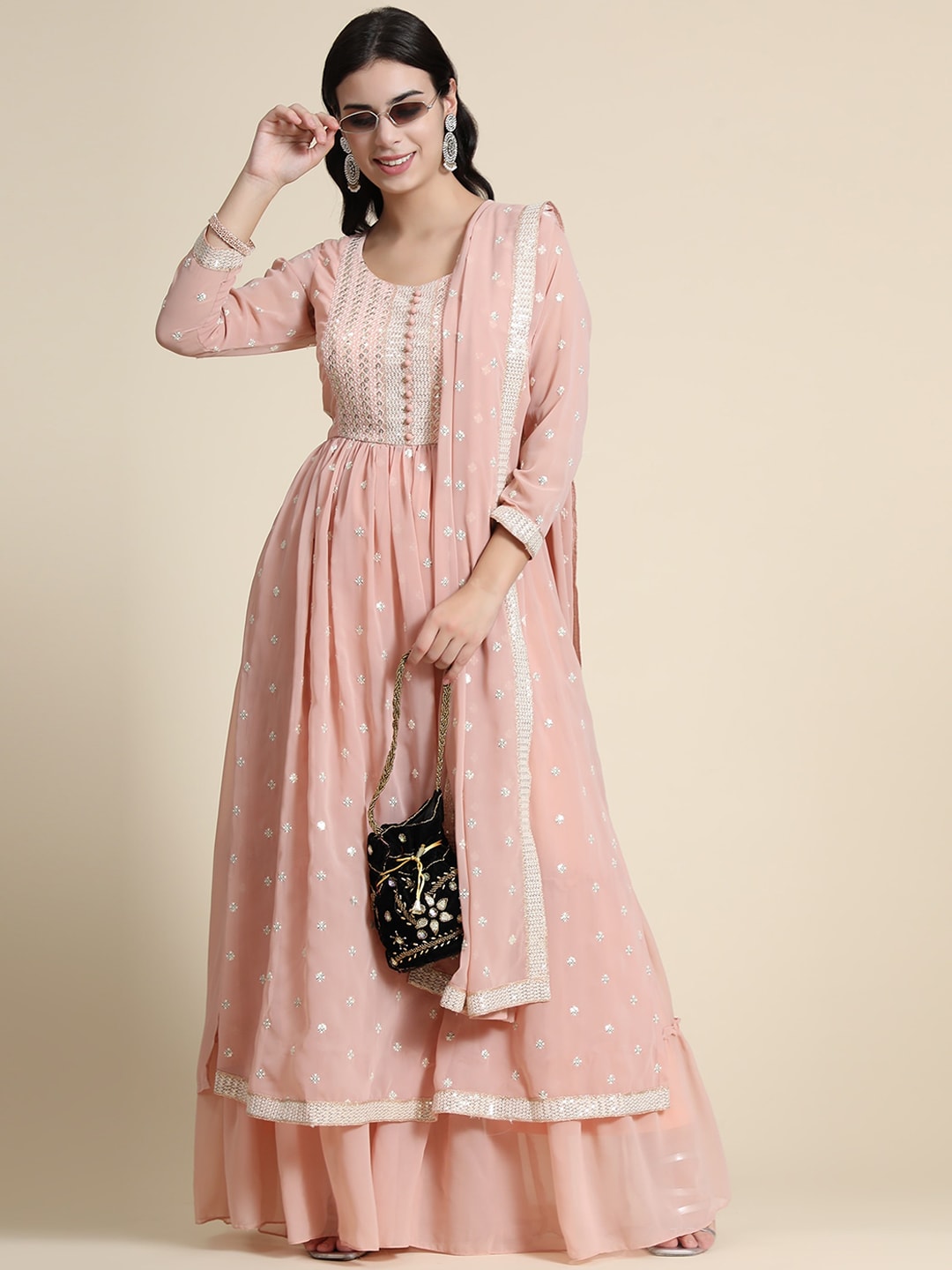 Kalini Women Peach-Coloured Ethnic Motifs Embroidered Empire Thread Work Kurta with Sharara & With Dupatta | Swadesiicart
