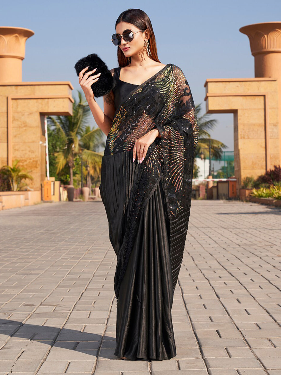 Tikhi Imli Sequinned Satin Saree | Swadesiicart
