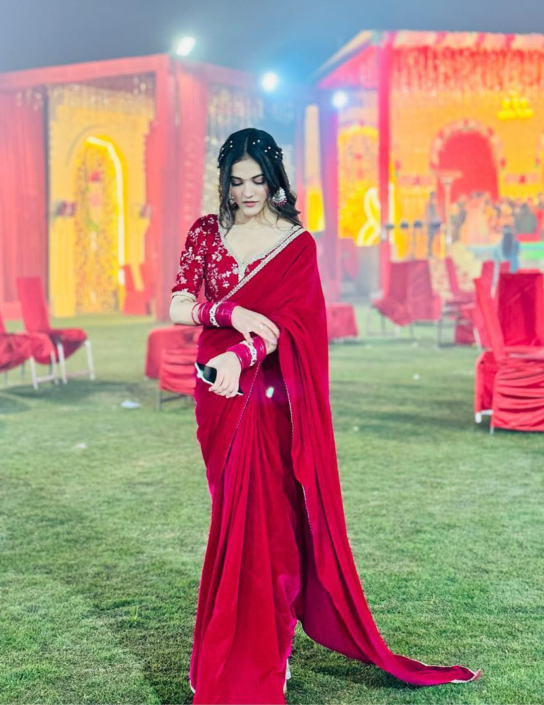 Lorenvalley Fashion Premium Magenta Georgette Satin Saree with Stitched Embroidery Blouse - Swadesiicart