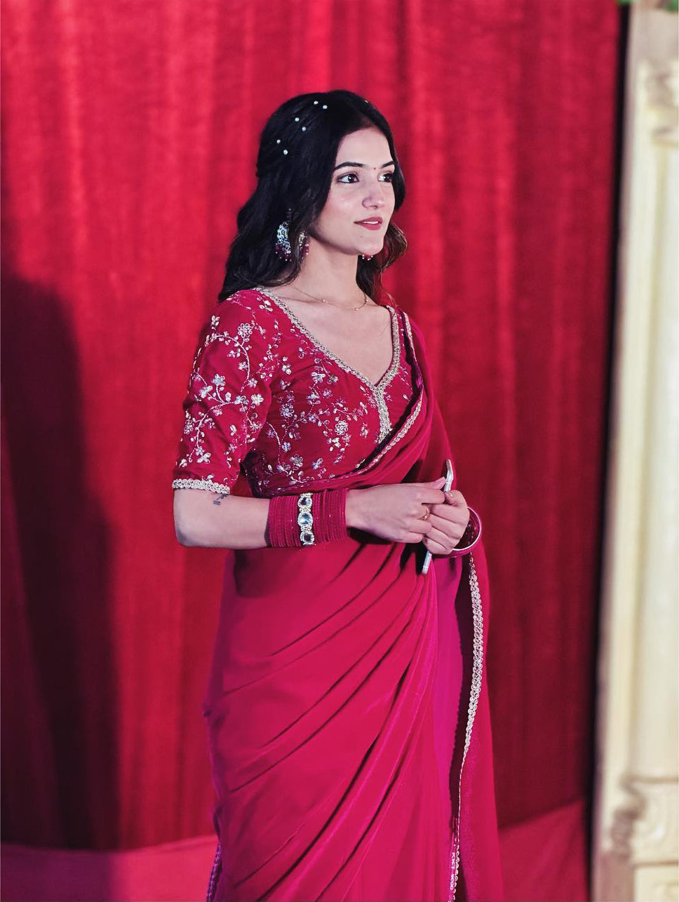 Lorenvalley Fashion Premium Magenta Georgette Satin Saree with Stitched Embroidery Blouse - Swadesiicart