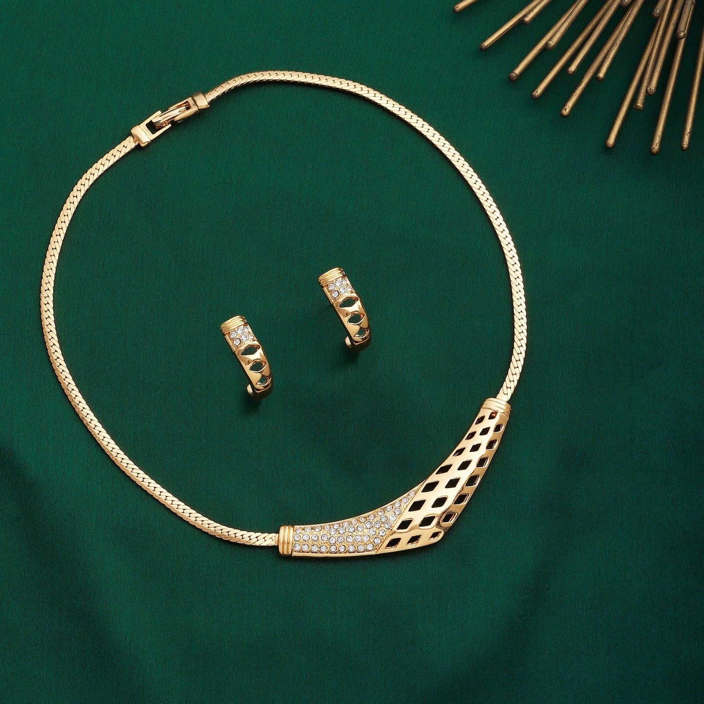 Estele Gold-Polished Boomerang Designer Necklace Set with White Austrian Crystals for Women - Swadesiicart