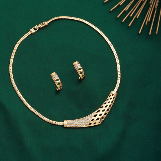 Estele Gold-Polished Boomerang Designer Necklace Set with White Austrian Crystals for Women - Swadesiicart