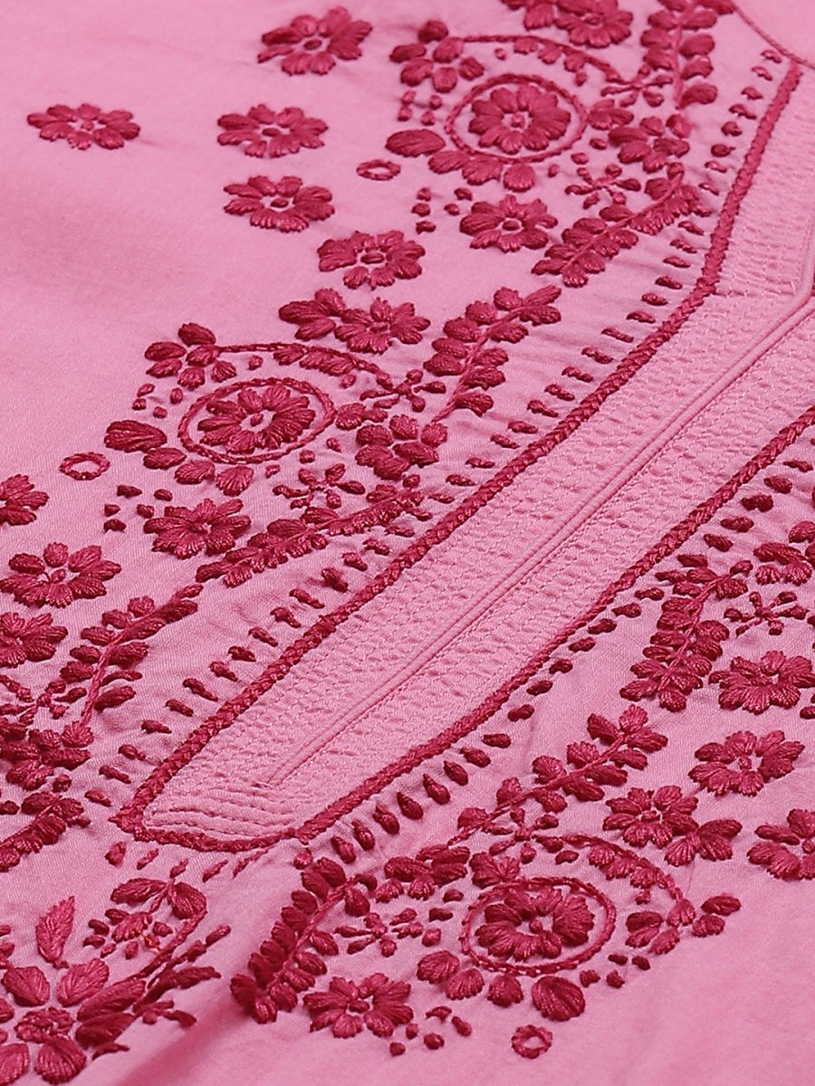 ADA Women Pink & Red Chikankari Embroidered Sustainable Handloom Kurta with Trousers | Swadesiicart