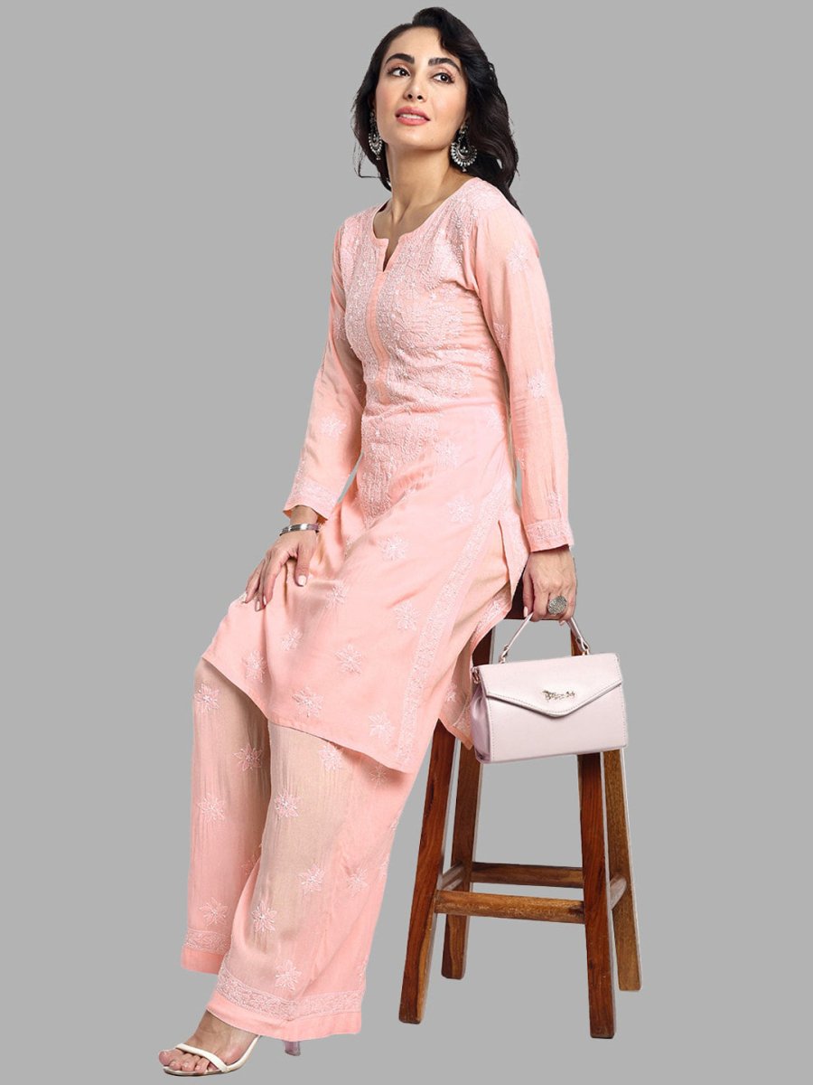 ADA Floral Embroidered Long Sleeves Regular Lucknowi Chikankari Kurta With Palazzos | Swadesiicart