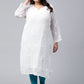 ADA Women Plus Size White Ethnic Motifs Chikankari Embroidered Georgette Handloom Kurta With Slip | Swadesiicart