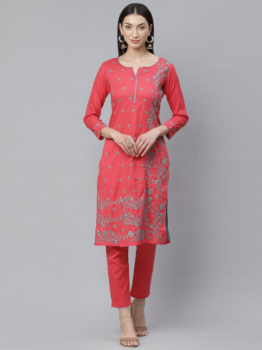 ADA Women Pink & Blue Chikankari Hand Embroidered Sustainable Handloom Kurta with Trousers | Swadesiicart