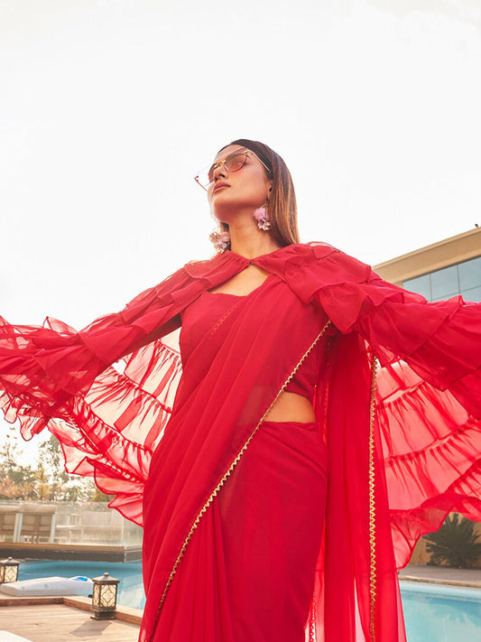 Tikhi Imli Gotta Patti Saree With Ruffled cape | Swadesiicart
