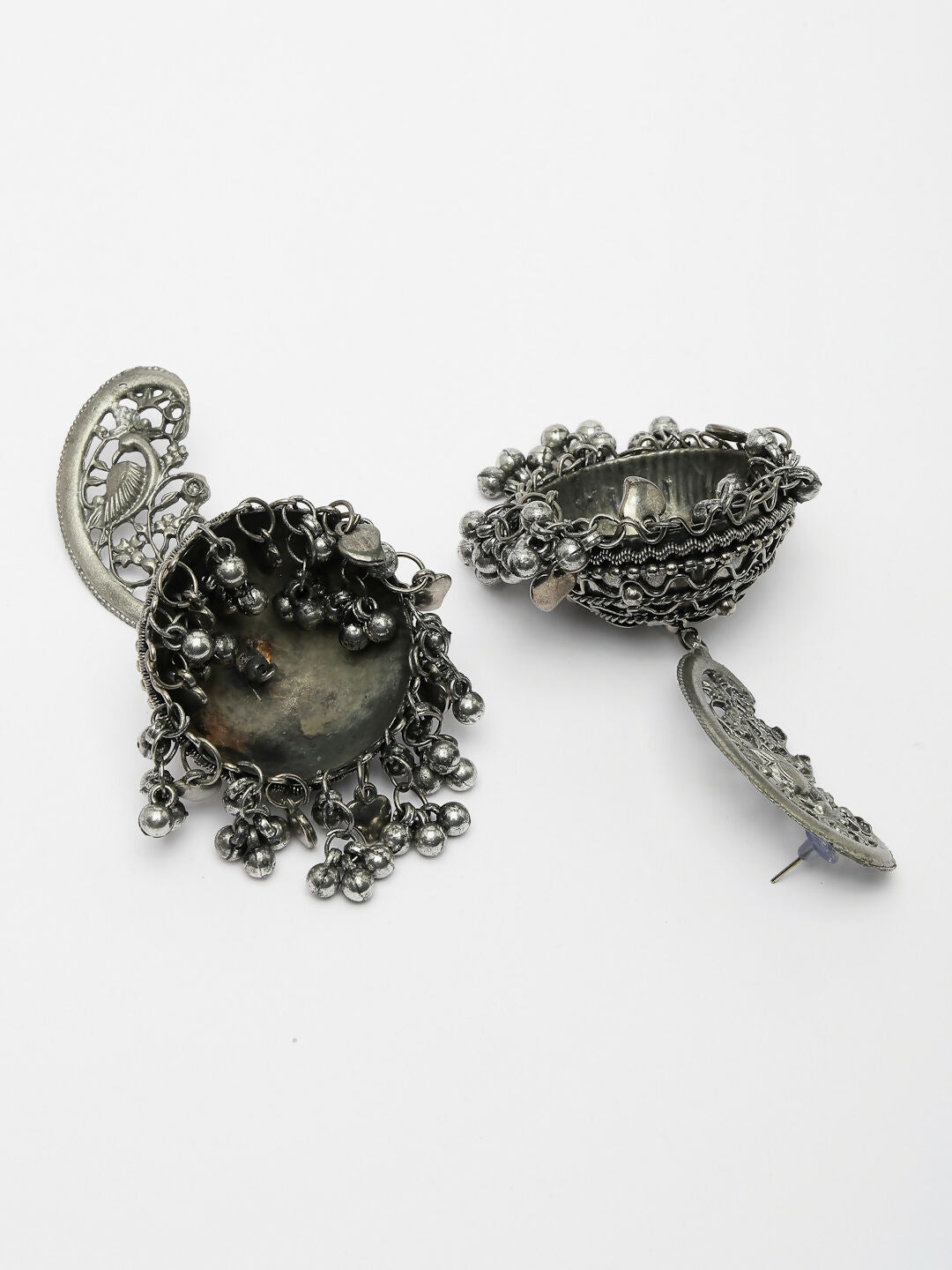 NVR Women's Silver-Plated Oxidised Dome Shaped Jhumka Earrings | Swadesiicart