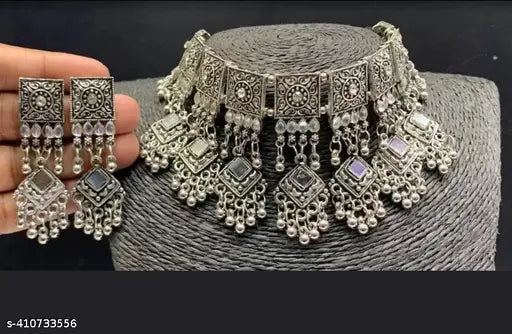 Tehzeeb Creations Women's Silver Colour Oxidised Necklace Set With Mirror And Beads - Swadesiicart