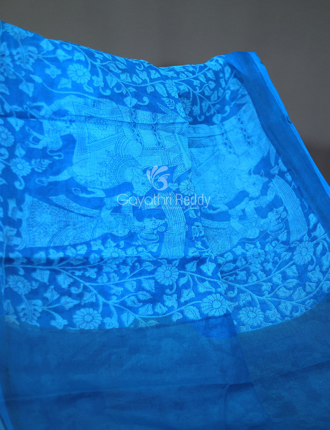 Sky Blue Kalamkaari Print Munga Cotton Saree By Gayathri Reddy Designer Studio | Swadesiicart