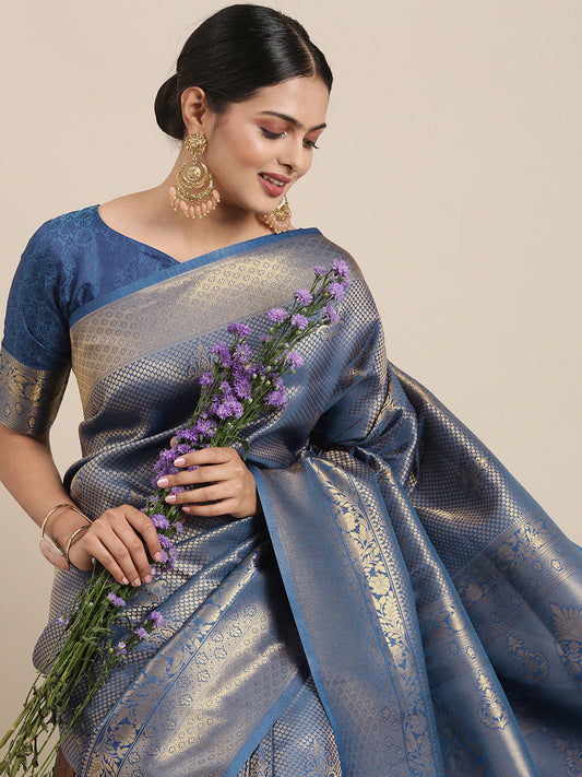 Saree Mall Navy Blue Ethnic Motifs Zari Silk Blend Banarasi Saree | Swadesiicart