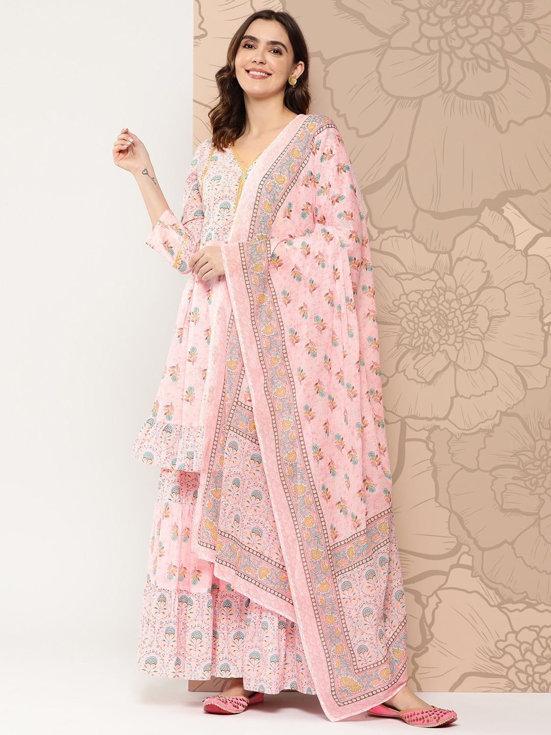 Kalini Floral Printed Gotta Patti Pure Cotton Kurta with Sharara & Dupatta | Swadesiicart