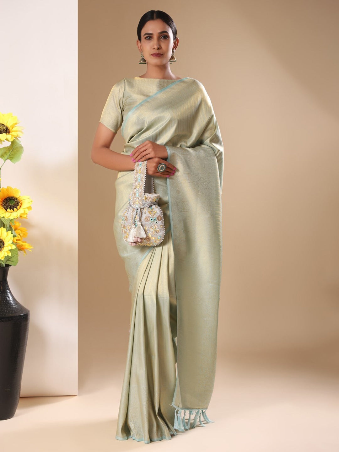 Masq Grey & Gold-Toned Embroidered Potli Clutch - Swadesiicart