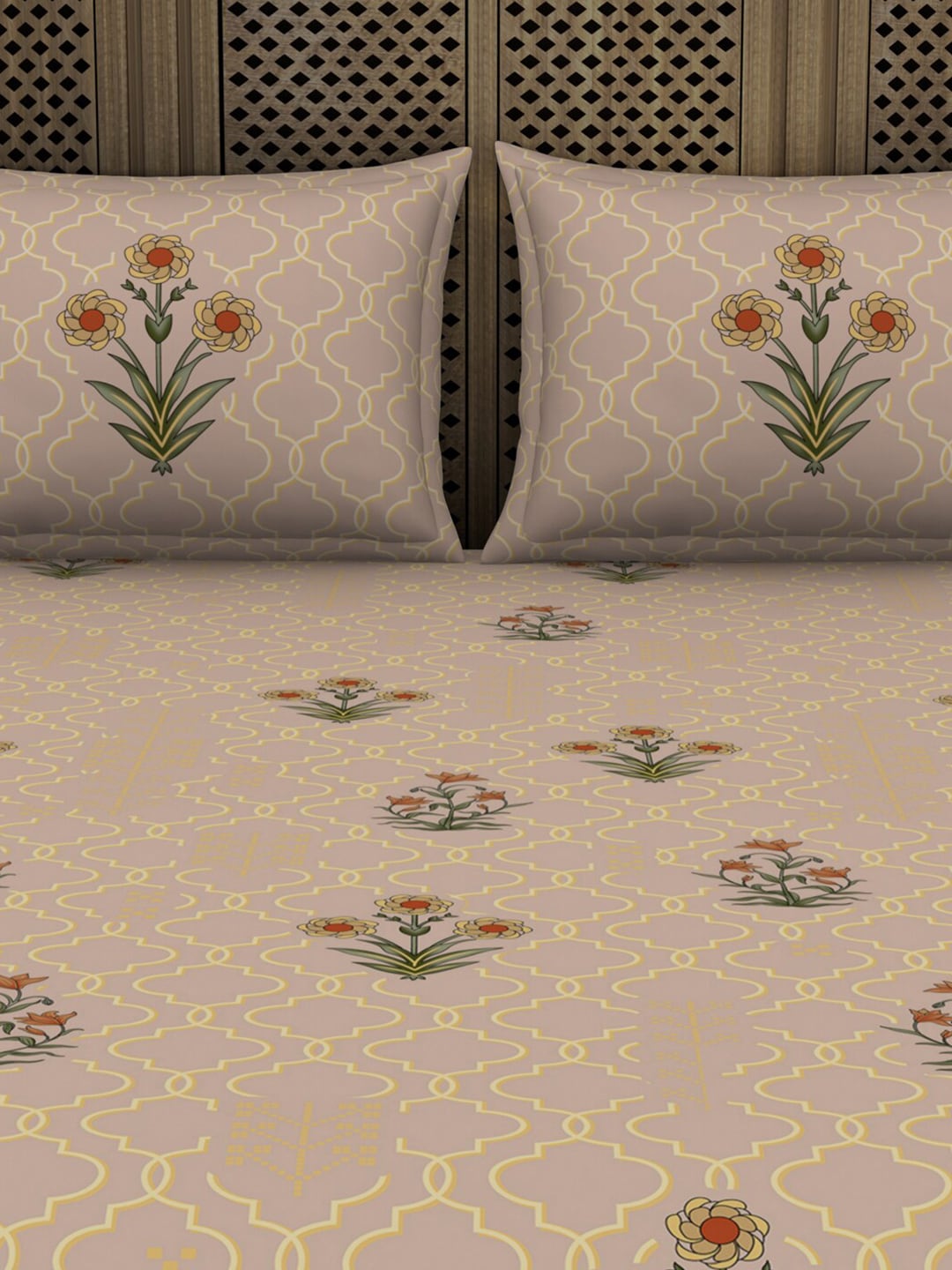 SPACES Pink & Green Ethnic Motifs Cotton 210 TC King Bedsheet With 2 Pillow Covers - Swadesiicart