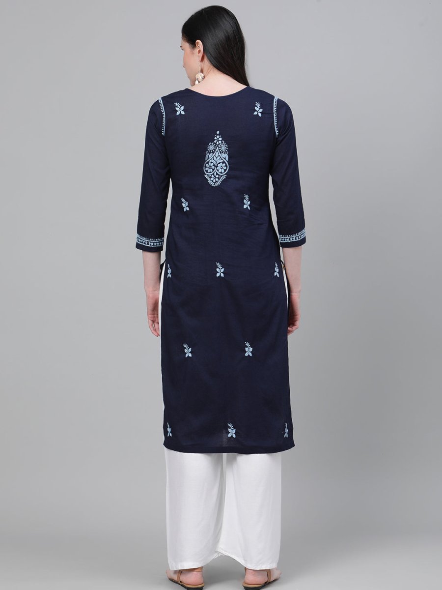 ADA Women Blue Chikankari Hand Embroidered Cotton Straight Sustainable Handloom Kurta | Swadesiicart