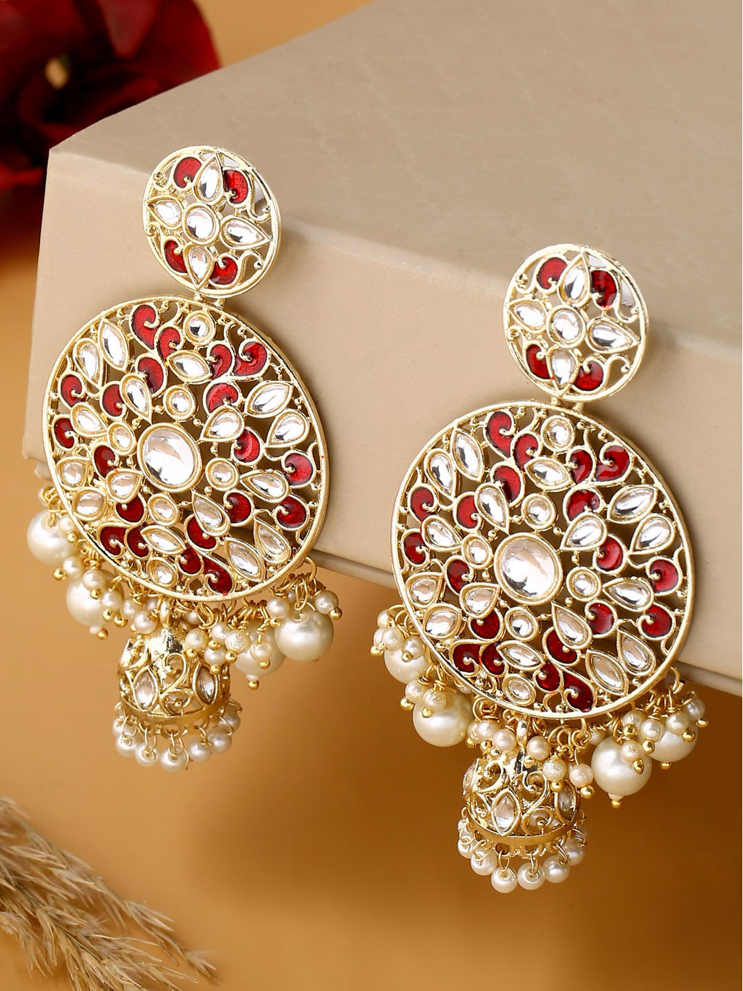 Shoshaa Maroon Contemporary Gold-Polished Kundan Drop Earrings With Jhumkas Earrings Sets | Swadesiicart